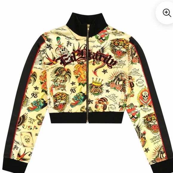 Ed Hardy Women’s Crop Zip Up All Over Tattoo Print Track Jacket NWT size medium - Picture 2 of 8
